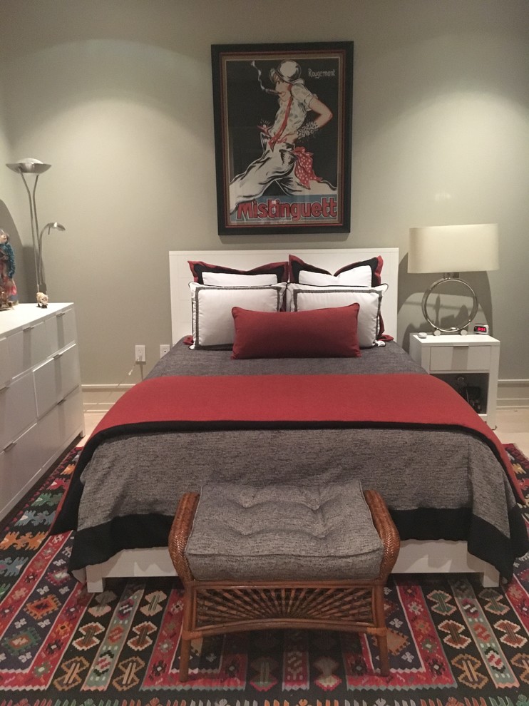 Photo of a medium sized traditional guest bedroom in Orange County with grey walls, light hardwood flooring, no fireplace and beige floors.