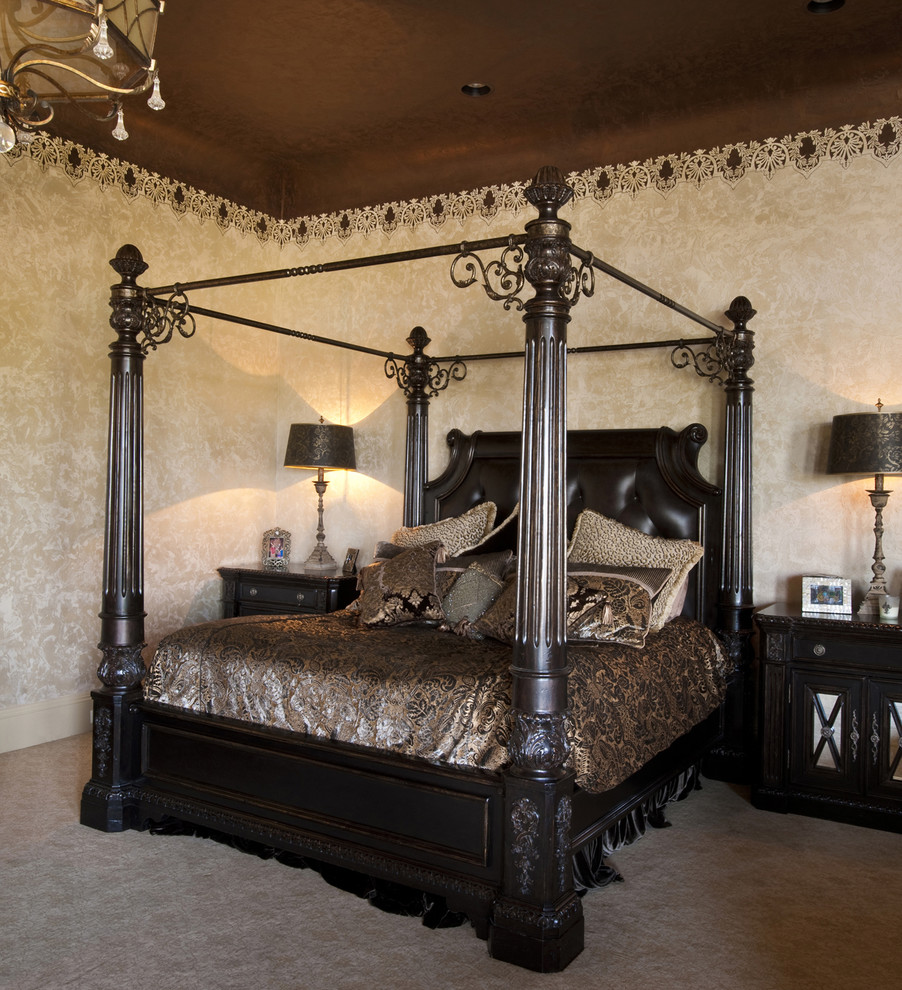 This is an example of a traditional bedroom in Oklahoma City with beige walls and carpet.