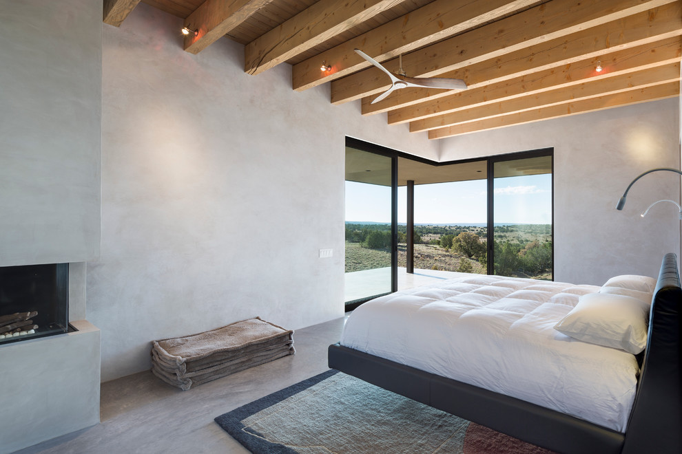 Источник вдохновения для домашнего уюта: хозяйская спальня среднего размера в современном стиле с серыми стенами, бетонным полом, горизонтальным камином и фасадом камина из бетона