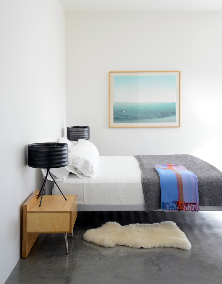 Imagen de habitación de invitados contemporánea de tamaño medio con paredes blancas y suelo de cemento