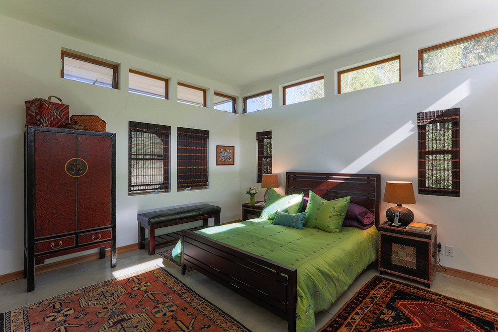 Пример оригинального дизайна: хозяйская спальня среднего размера в современном стиле с белыми стенами, бетонным полом и серым полом без камина