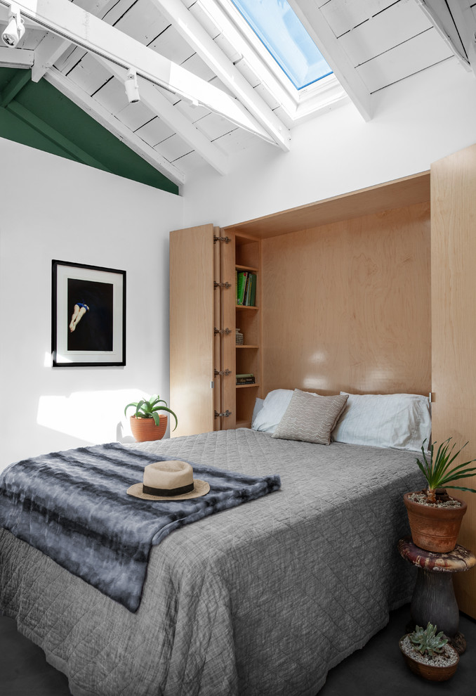 ロサンゼルスにある小さなビーチスタイルのおしゃれな主寝室 (白い壁、コンクリートの床、グレーの床)