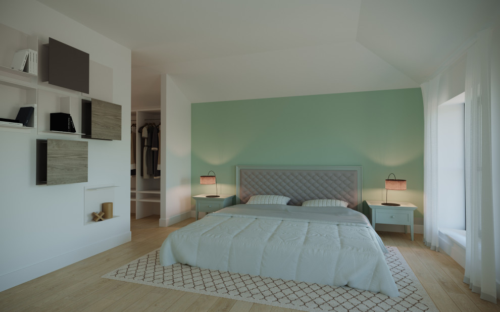 Идея дизайна: хозяйская спальня в стиле неоклассика (современная классика) с зелеными стенами и светлым паркетным полом