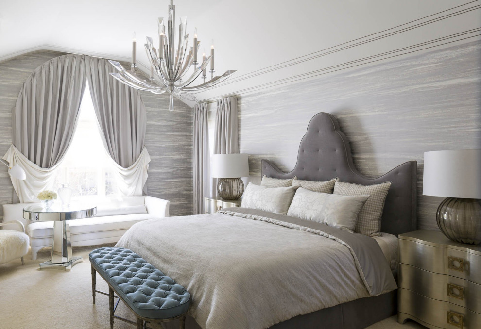 Classic grey and silver bedroom in Chicago with grey walls, carpet and beige floors.