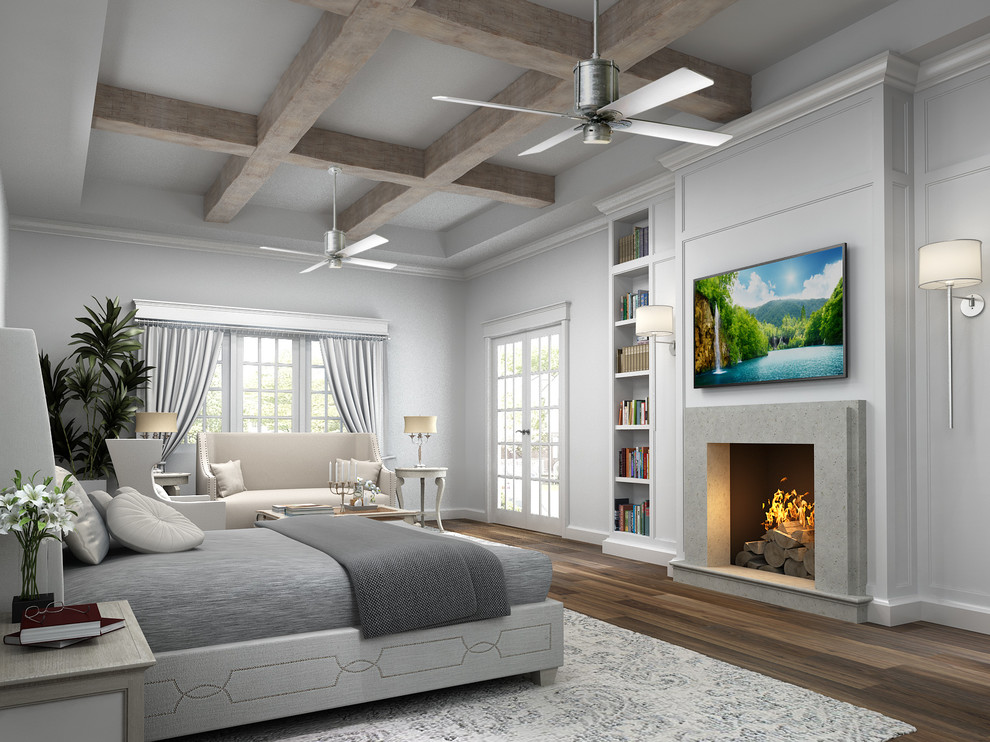 Idées déco pour une grande chambre parentale classique avec un mur gris, un sol en bois brun, un poêle à bois et un manteau de cheminée en béton.
