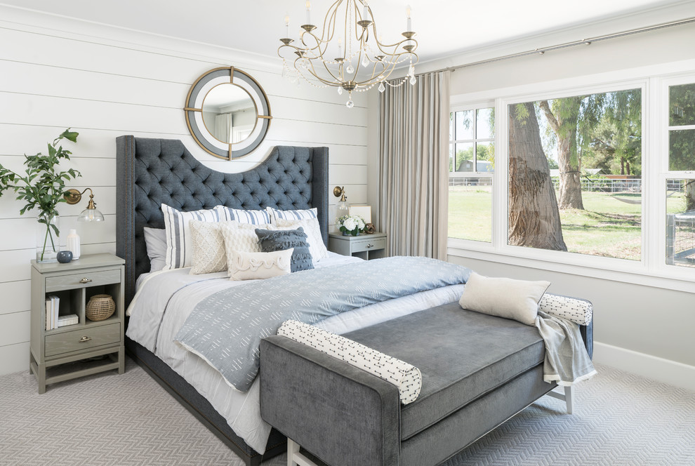 Inspiration for a medium sized country master bedroom in Phoenix with white walls, carpet and grey floors.
