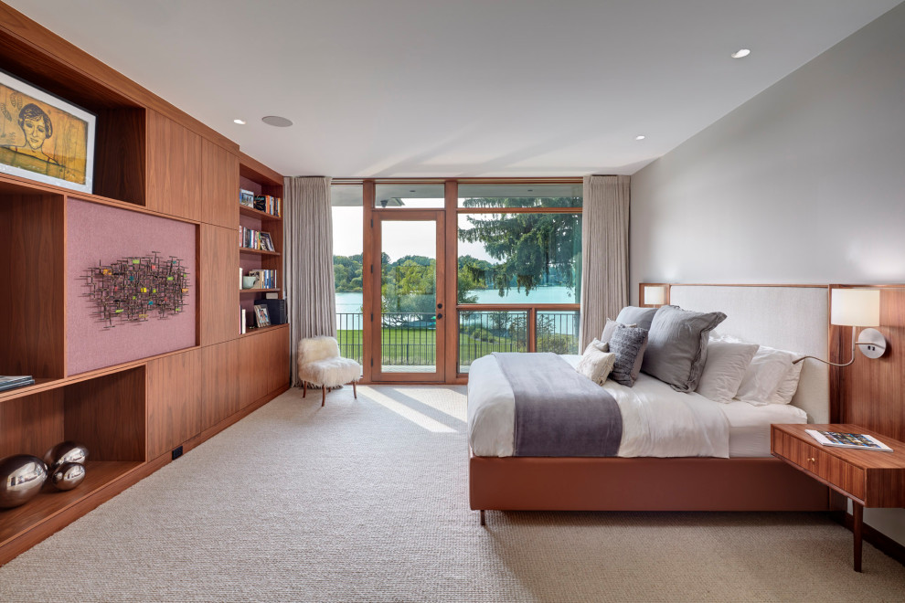 Свежая идея для дизайна: спальня в современном стиле с серыми стенами, ковровым покрытием и серым полом - отличное фото интерьера