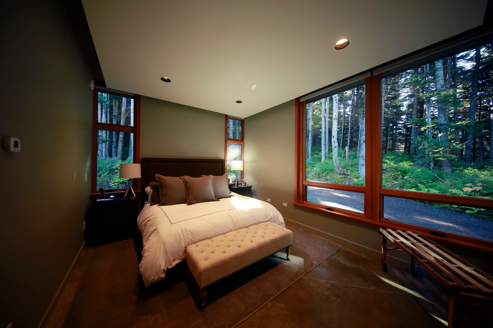 Источник вдохновения для домашнего уюта: гостевая спальня среднего размера, (комната для гостей) в современном стиле с белыми стенами, бетонным полом, стандартным камином, фасадом камина из металла и коричневым полом