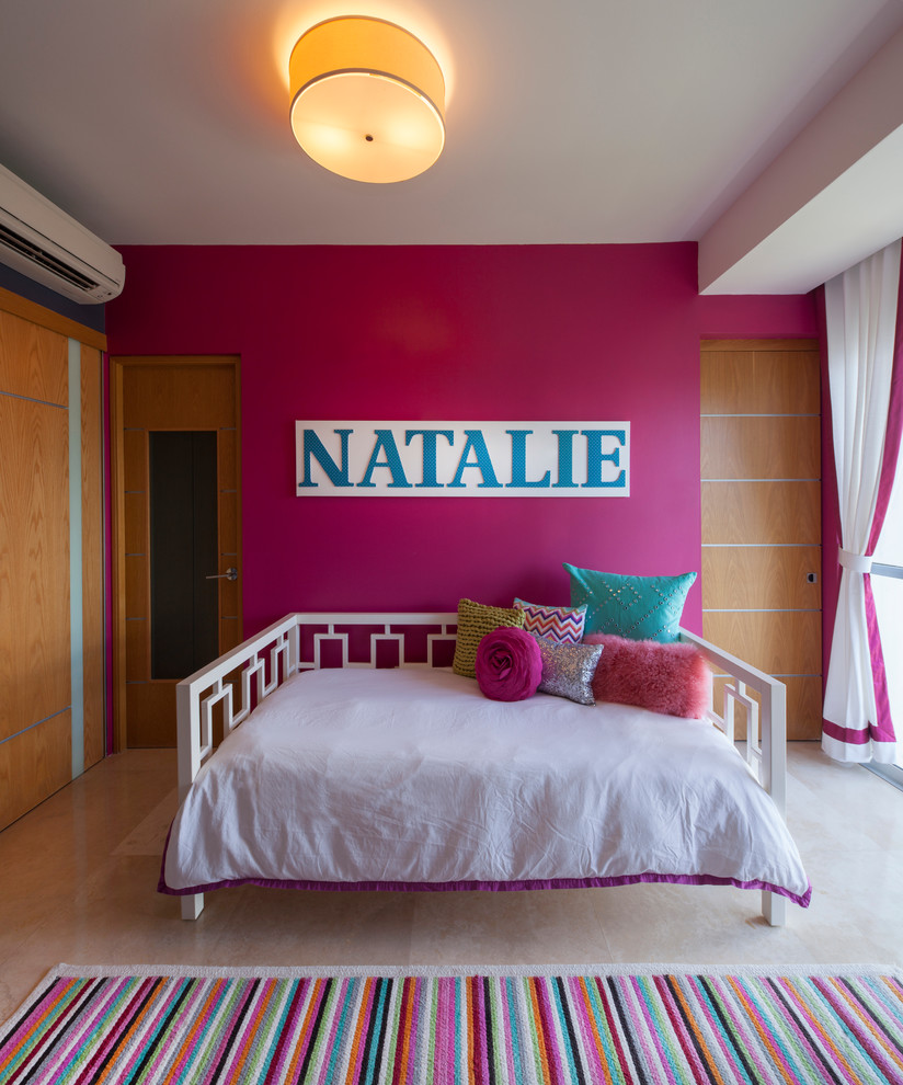 Inspiration for a medium sized contemporary bedroom in Other with pink walls and marble flooring.