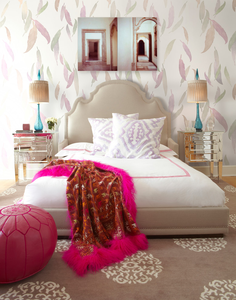 Mid-sized trendy master bedroom photo in New York with multicolored walls