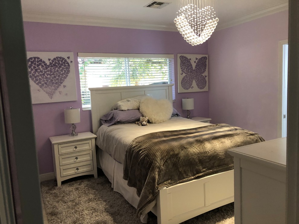 Example of a mid-sized minimalist ceramic tile and gray floor bedroom design in Miami with purple walls