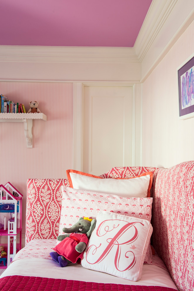 Design ideas for a large classic guest and grey and pink bedroom in New York with multi-coloured walls and carpet.