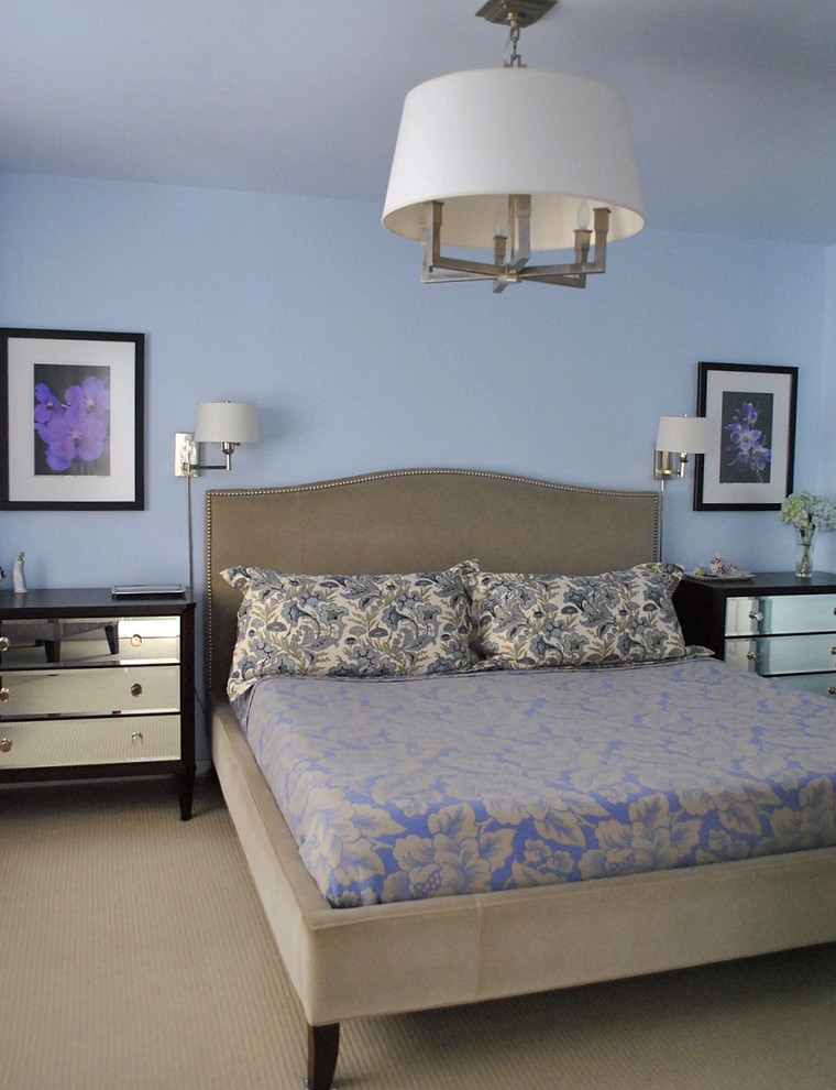 Идея дизайна: хозяйская спальня среднего размера в современном стиле с синими стенами и ковровым покрытием