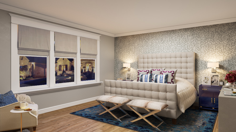 Стильный дизайн: большая хозяйская спальня в стиле неоклассика (современная классика) с серыми стенами, паркетным полом среднего тона, стандартным камином и фасадом камина из штукатурки - последний тренд