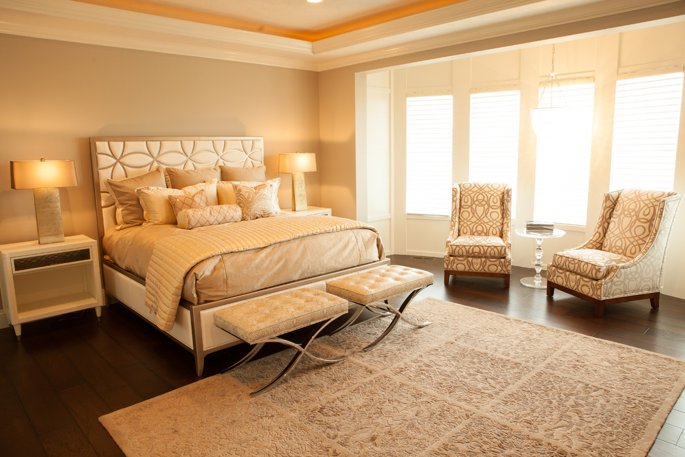 Inspiration for a classic master bedroom in Other with beige walls and dark hardwood flooring.