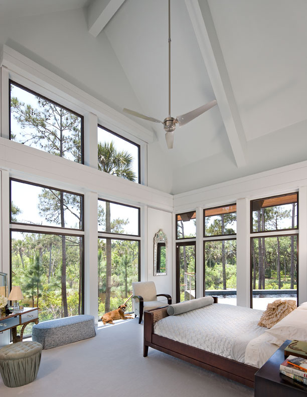 Modernes Hauptschlafzimmer mit Teppichboden, blauem Boden und weißer Wandfarbe in Charleston