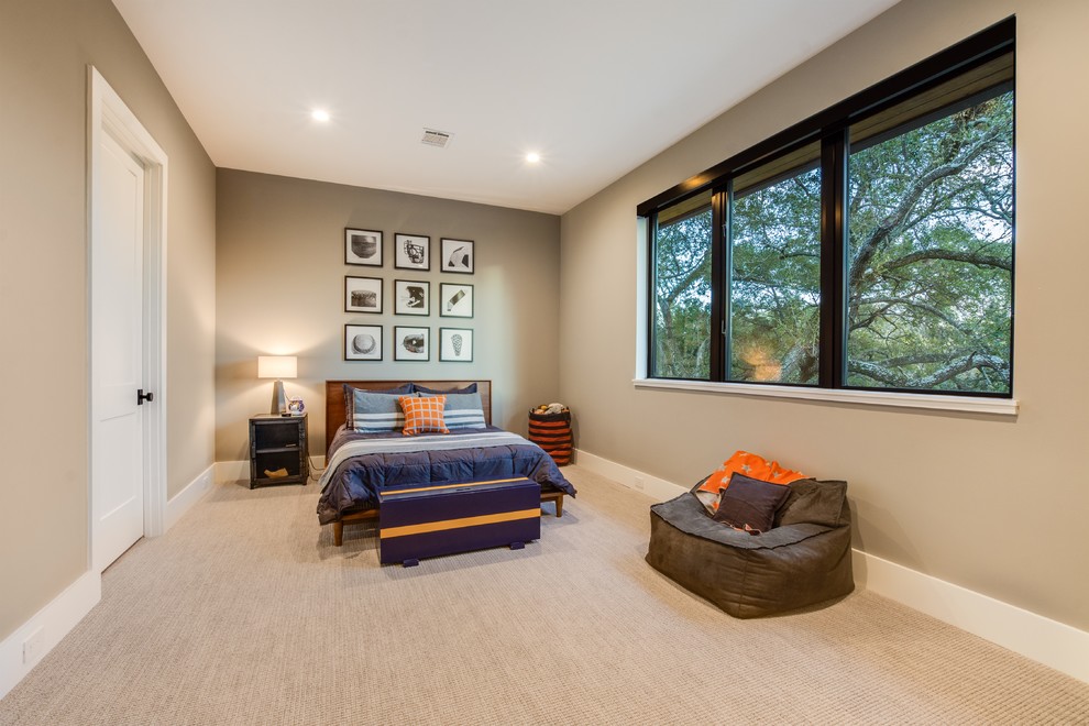 Mid-sized transitional carpeted and beige floor bedroom photo with beige walls