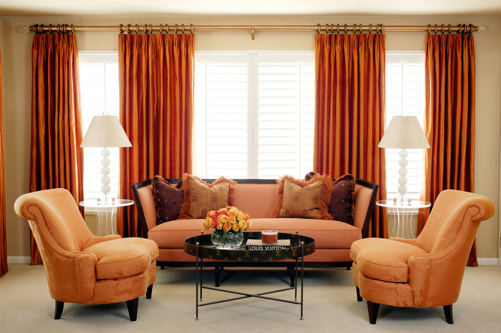 Example of a mid-sized trendy master carpeted bedroom design in Little Rock with beige walls and no fireplace