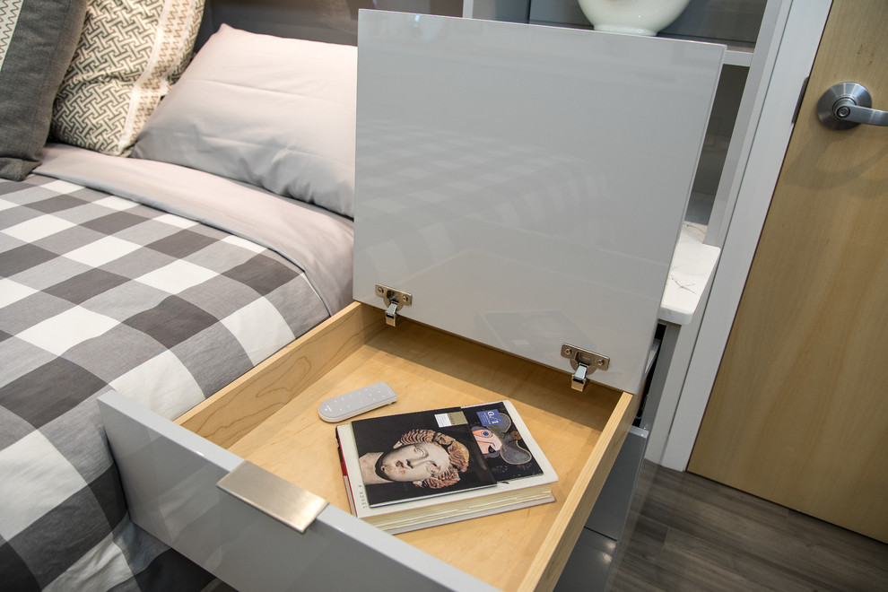 Ejemplo de dormitorio principal actual de tamaño medio sin chimenea con paredes blancas y suelo de madera en tonos medios