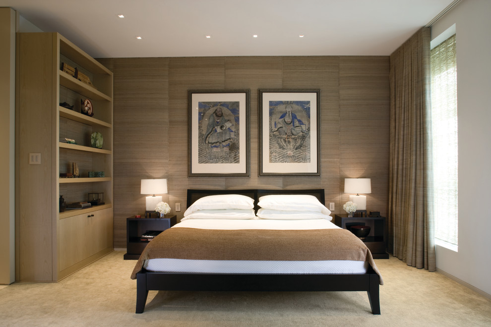 Example of a trendy carpeted bedroom design in Chicago with gray walls and no fireplace