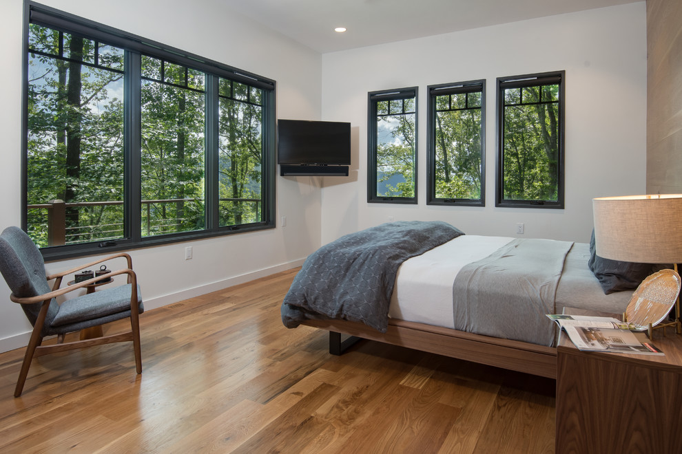Стильный дизайн: спальня в современном стиле с белыми стенами, паркетным полом среднего тона, коричневым полом и телевизором - последний тренд