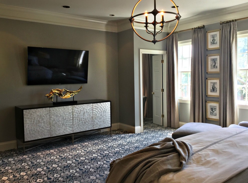 Inspiration for a mid-sized transitional master carpeted and multicolored floor bedroom remodel in Tampa with gray walls and no fireplace