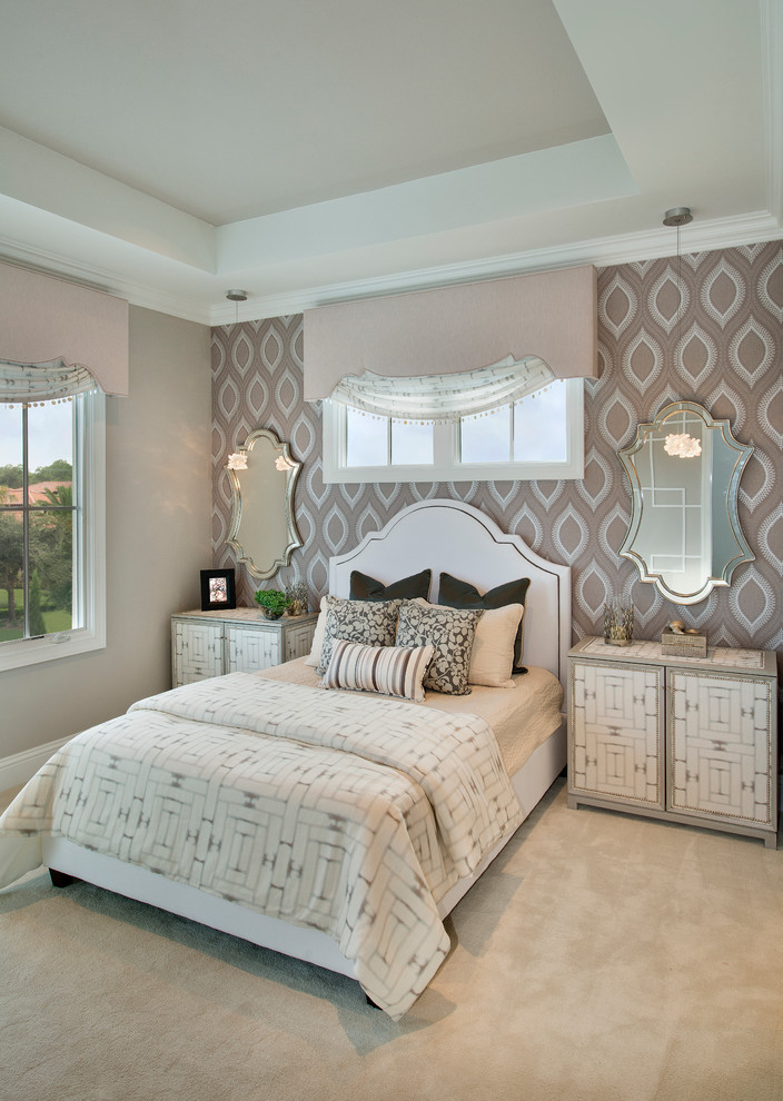This is an example of an expansive traditional guest bedroom in Miami with beige walls, carpet and no fireplace.