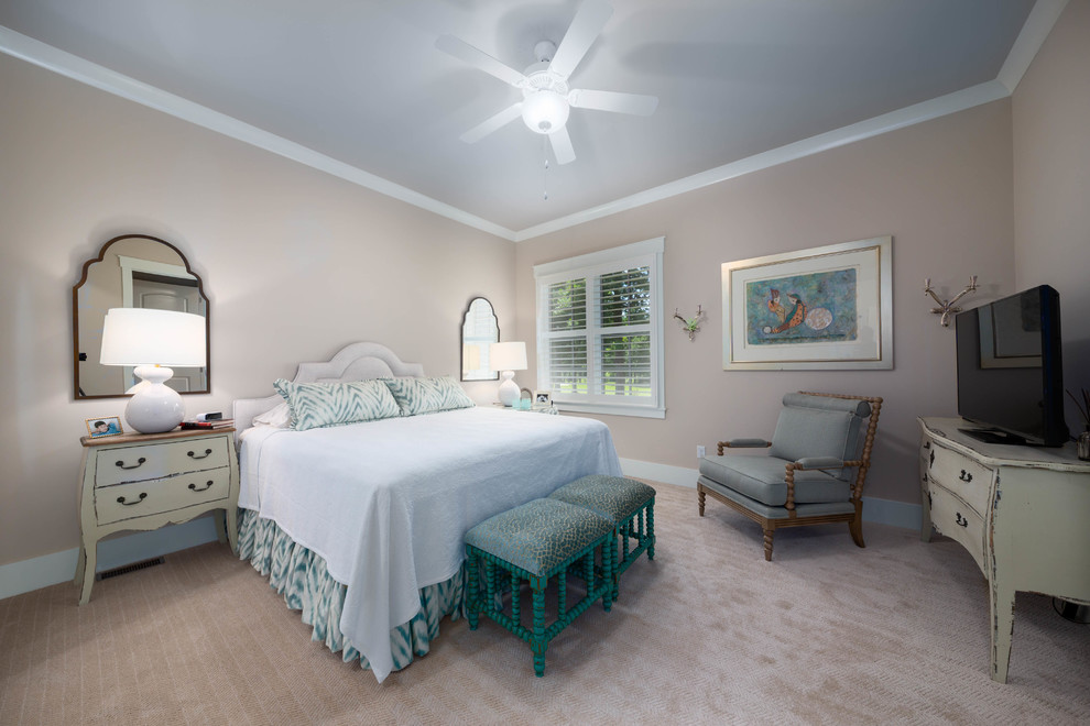 Inspiration for a large craftsman guest carpeted and beige floor bedroom remodel in Other with beige walls