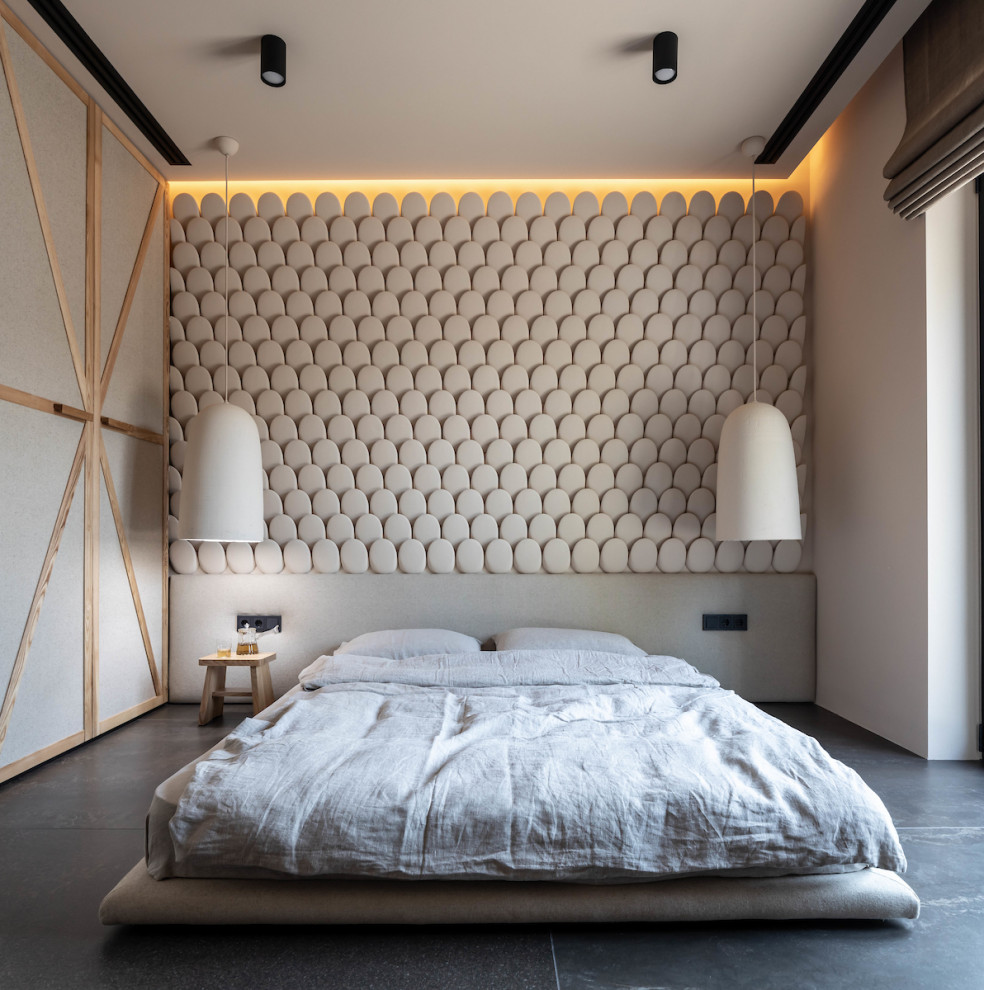 Идея дизайна: гостевая спальня среднего размера, (комната для гостей) в восточном стиле с разноцветными стенами, полом из керамической плитки, серым полом и панелями на части стены без камина