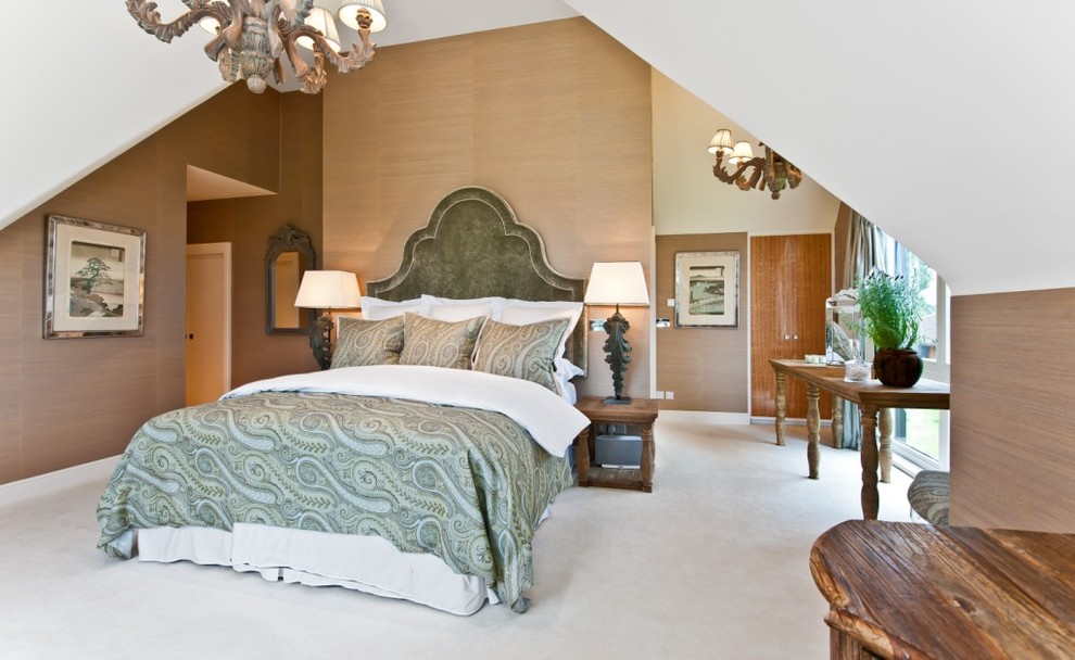 Bedroom - huge country master carpeted and beige floor bedroom idea in Hertfordshire with brown walls