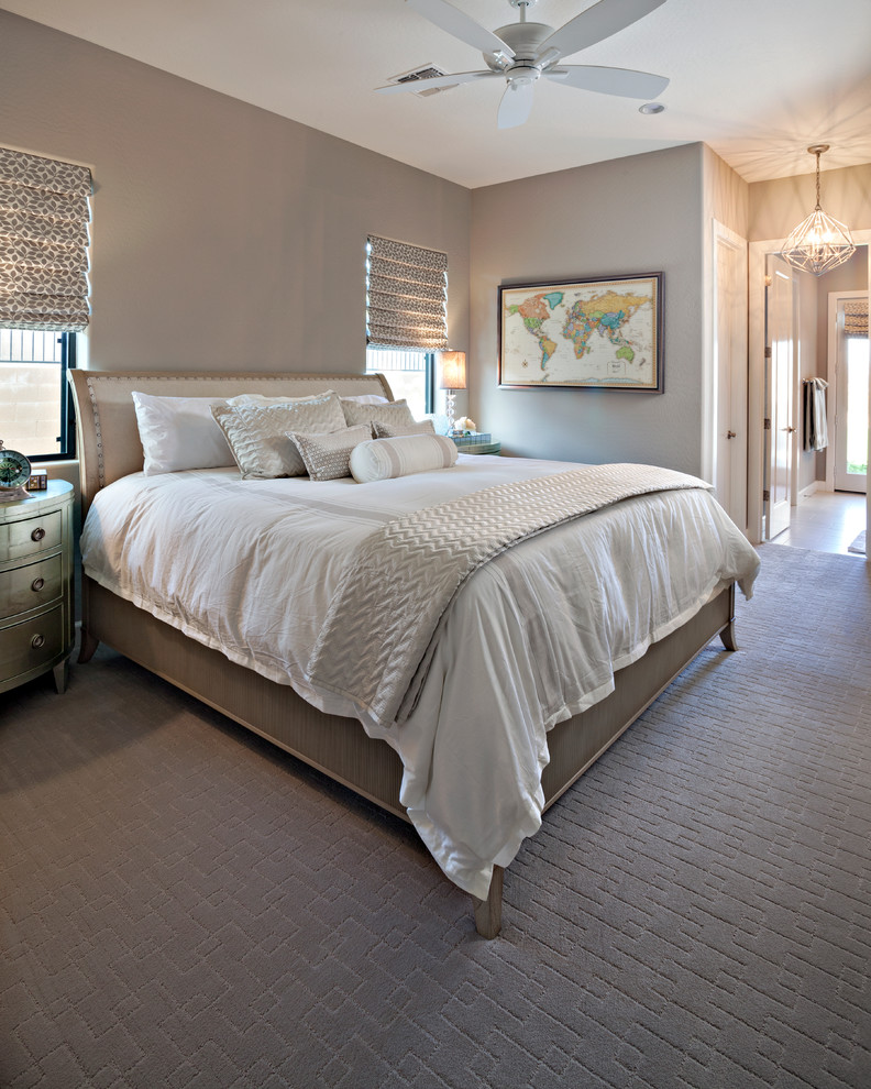 Example of a mid-sized trendy guest carpeted and gray floor bedroom design in Phoenix with gray walls