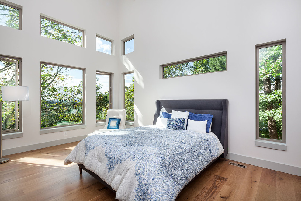 Photo of a large contemporary master bedroom in Other with white walls and medium hardwood flooring.