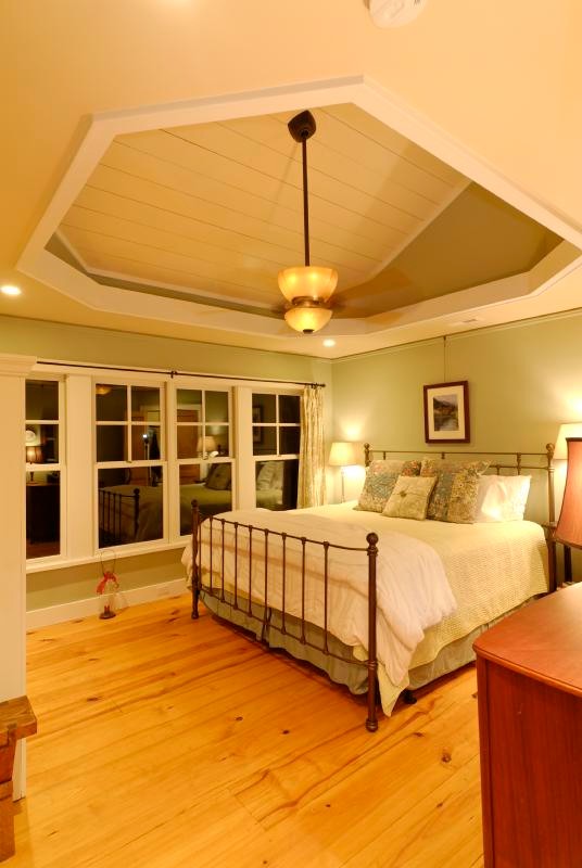 Design ideas for a medium sized traditional master bedroom in Charlotte with green walls, light hardwood flooring and no fireplace.
