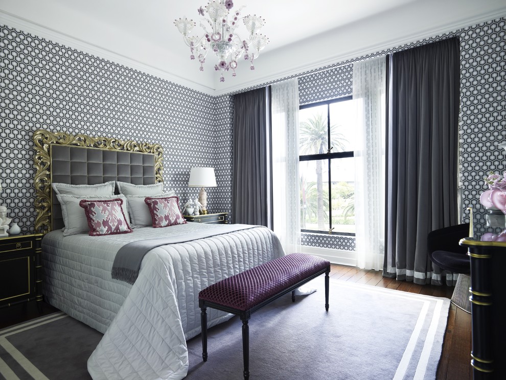 Bedroom - large contemporary dark wood floor bedroom idea in Sydney with multicolored walls