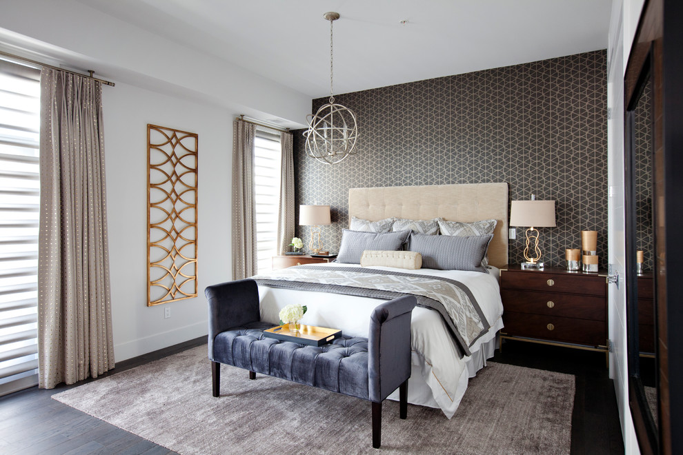 Inspiration for a traditional bedroom in St Louis with multi-coloured walls, dark hardwood flooring and feature lighting.