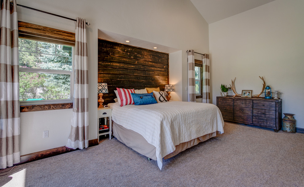 Design ideas for a medium sized rustic master bedroom in Seattle with white walls and carpet.
