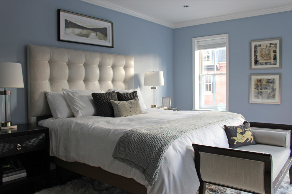 Medium sized traditional master bedroom in Philadelphia with blue walls, medium hardwood flooring and no fireplace.