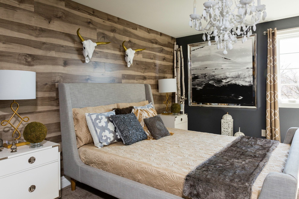 This is an example of a medium sized rustic master and grey and brown bedroom in Other with grey walls, carpet and brown floors.