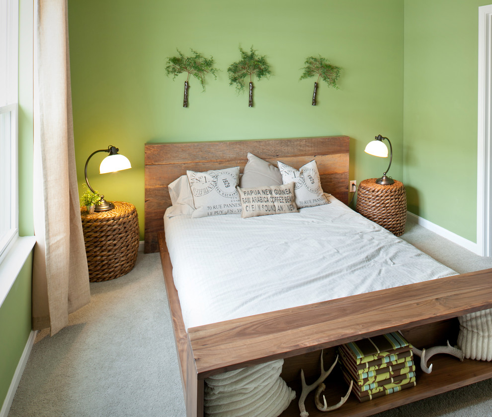 Cette photo montre une petite chambre éclectique avec un mur vert.