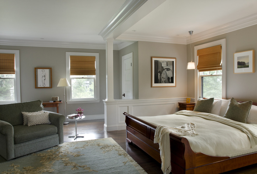 Design ideas for a country master bedroom in Boston with grey walls and feature lighting.