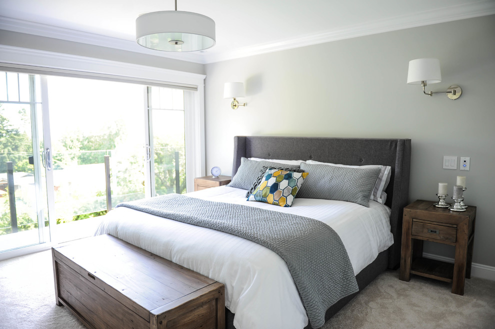 Transitional carpeted bedroom photo in Vancouver with gray walls