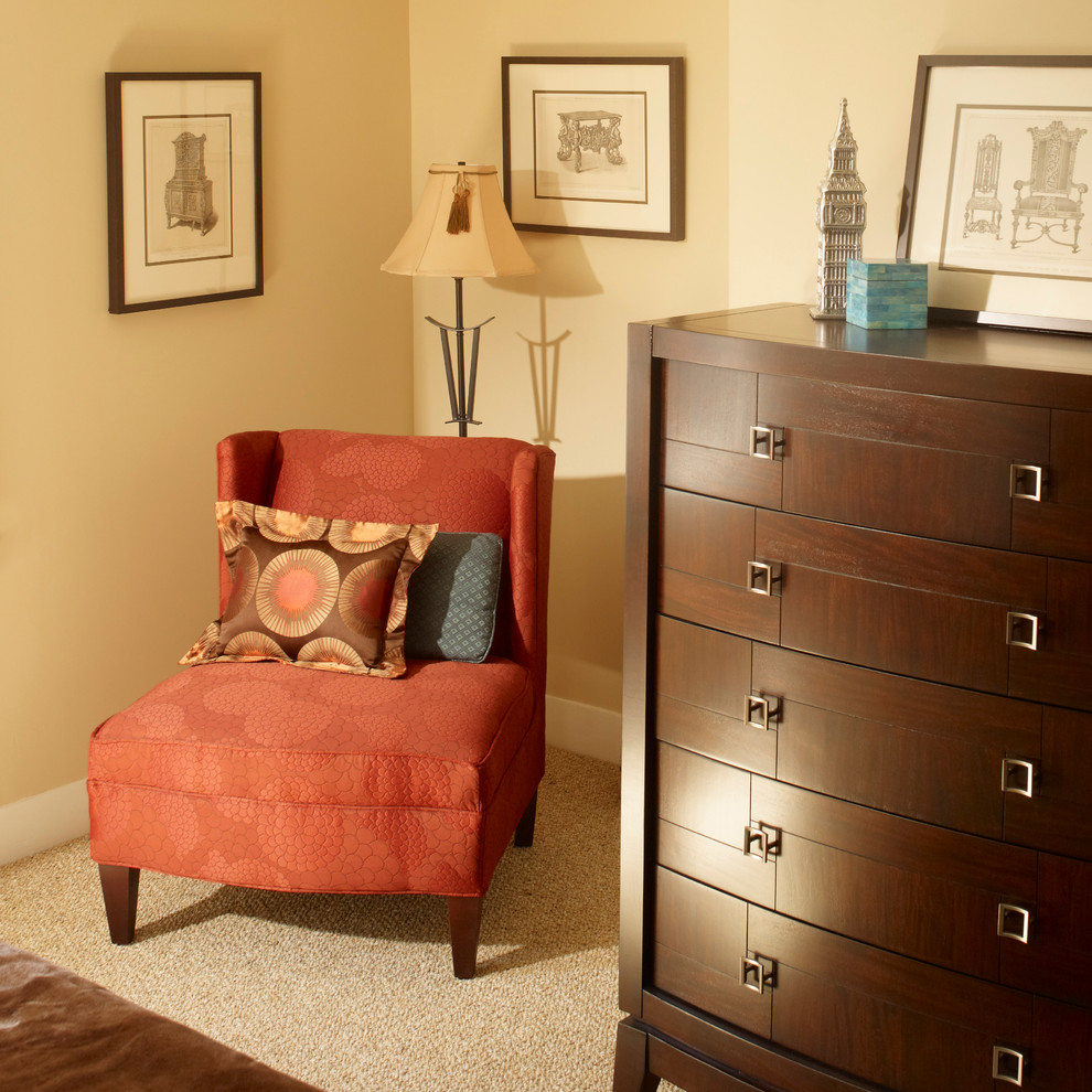 Bedroom - contemporary carpeted bedroom idea in New York with beige walls