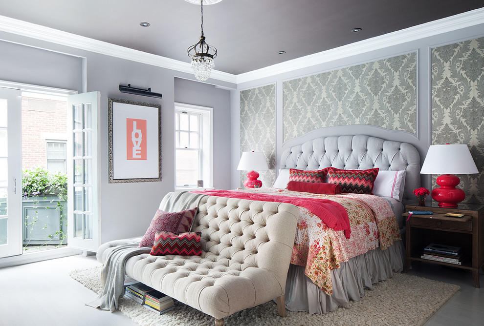 Inspiration for a timeless master bedroom remodel in New York with multicolored walls