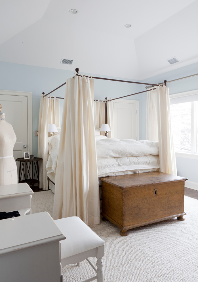 Imagen de dormitorio clásico con paredes azules y suelo de madera oscura