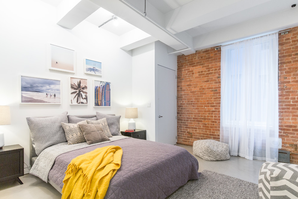 Diseño de dormitorio contemporáneo con paredes blancas y suelo gris