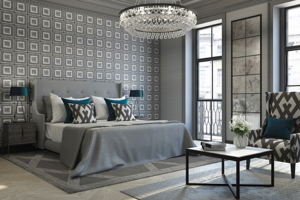 Источник вдохновения для домашнего уюта: хозяйская спальня в стиле неоклассика (современная классика) с серыми стенами, светлым паркетным полом и акцентной стеной