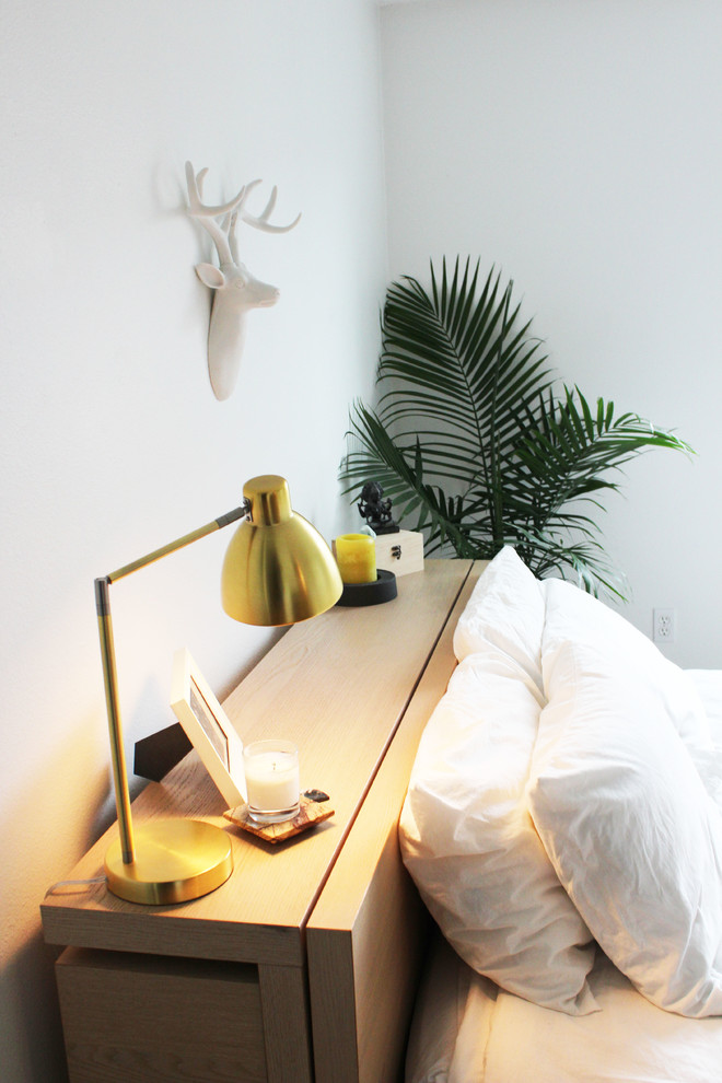 Immagine di una piccola camera matrimoniale minimalista con pareti bianche