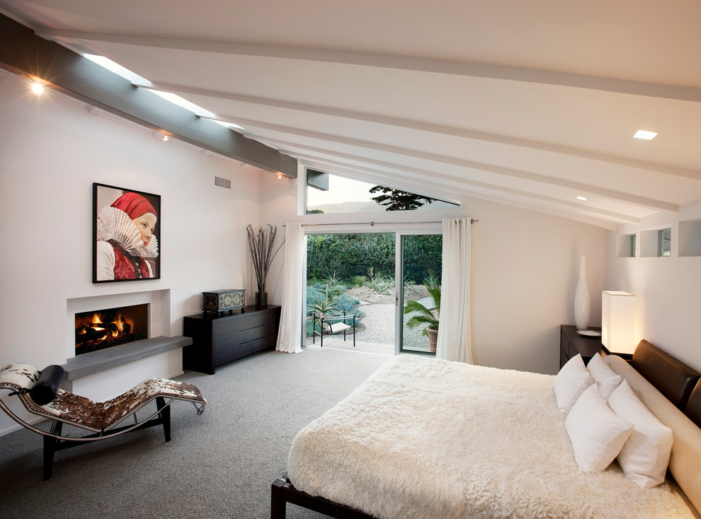 Mid-century modern carpeted bedroom photo in Santa Barbara with white walls and a standard fireplace