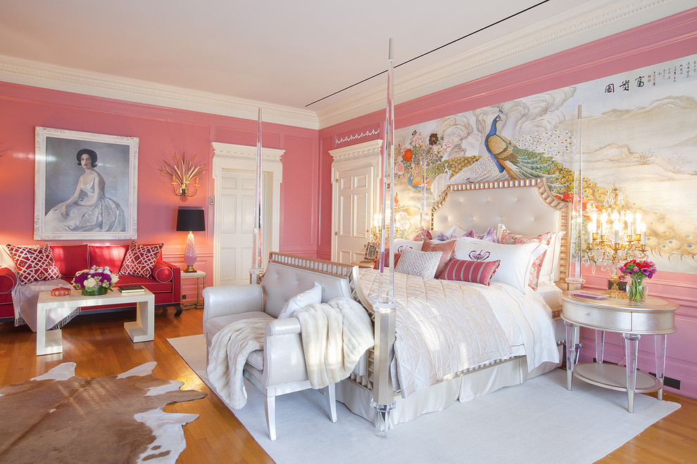 Bedroom - victorian bedroom idea in Los Angeles with pink walls