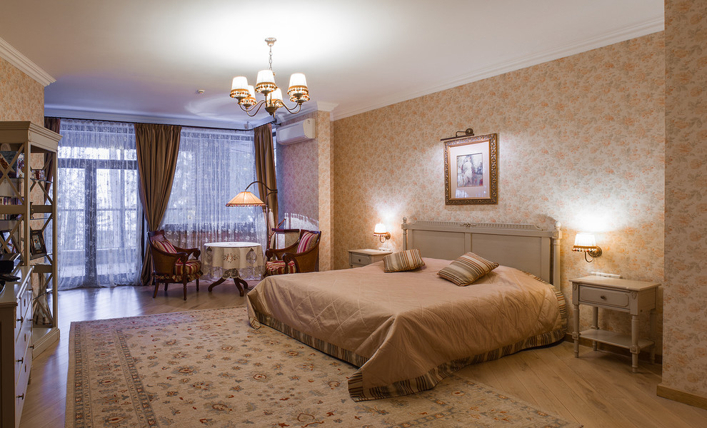 Bedroom - large traditional guest light wood floor bedroom idea in Moscow with beige walls
